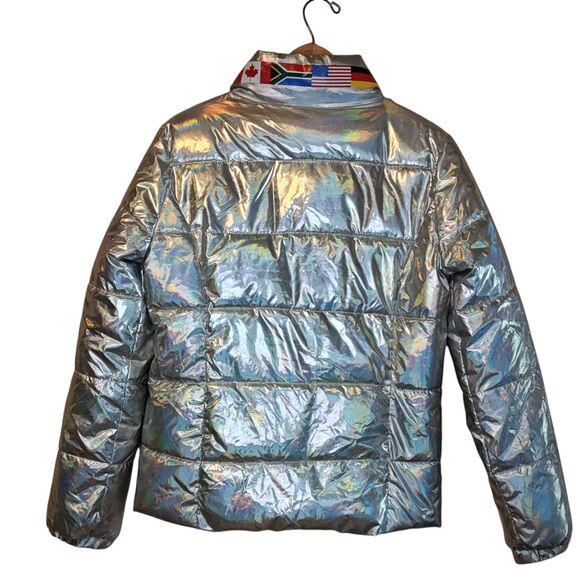 Forever 21 Jacket Womens Medium Silver Holographic Puffer Quilted Zip Pockets - Picture 2 of 13